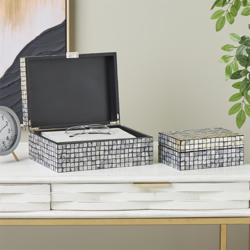 Mother of Pearl Geometric Mosaic Box Grey 12in