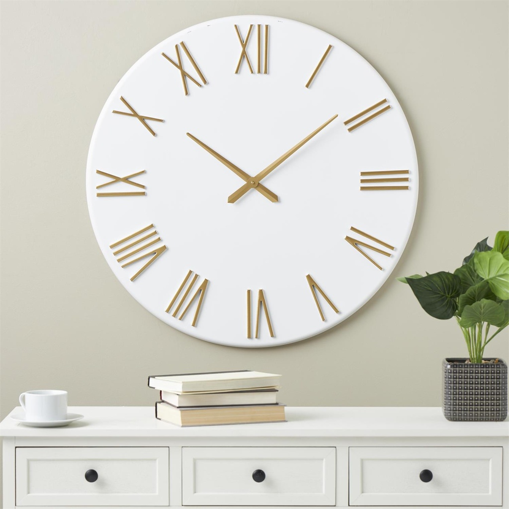 White Wall Clock with Gold Hands & Numbers 31in
