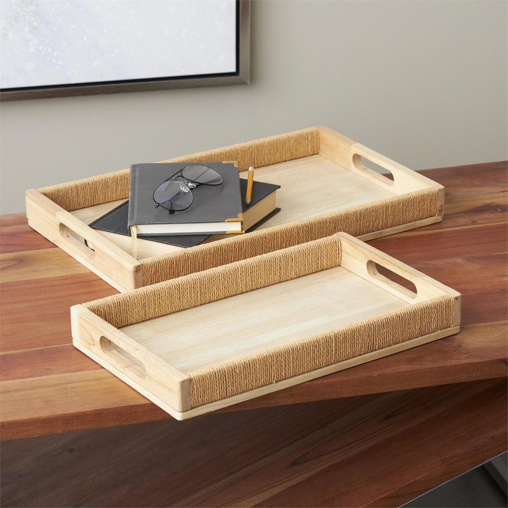Wood Tray With Rope Edges 16in