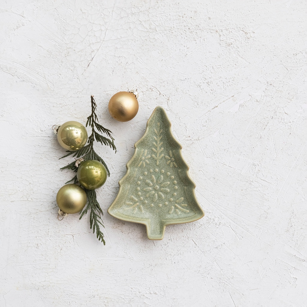 Stoneware Tree Shaped Plate, Matte Reactive Glaze Green  