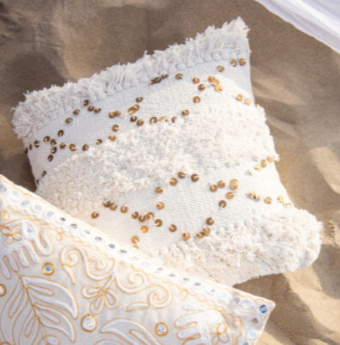 Fringed Tufted Sequin Pillow Cream Gold 18in