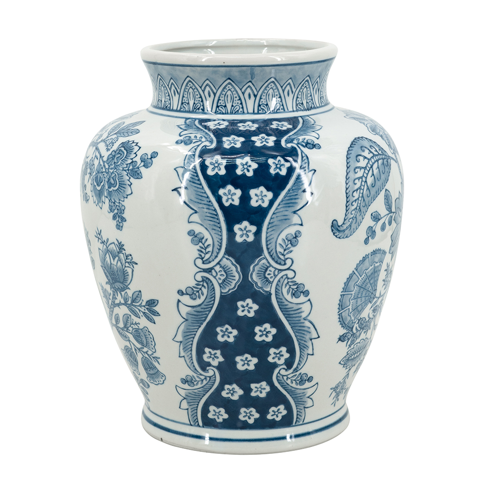 Floral Vase Blue & White 11in