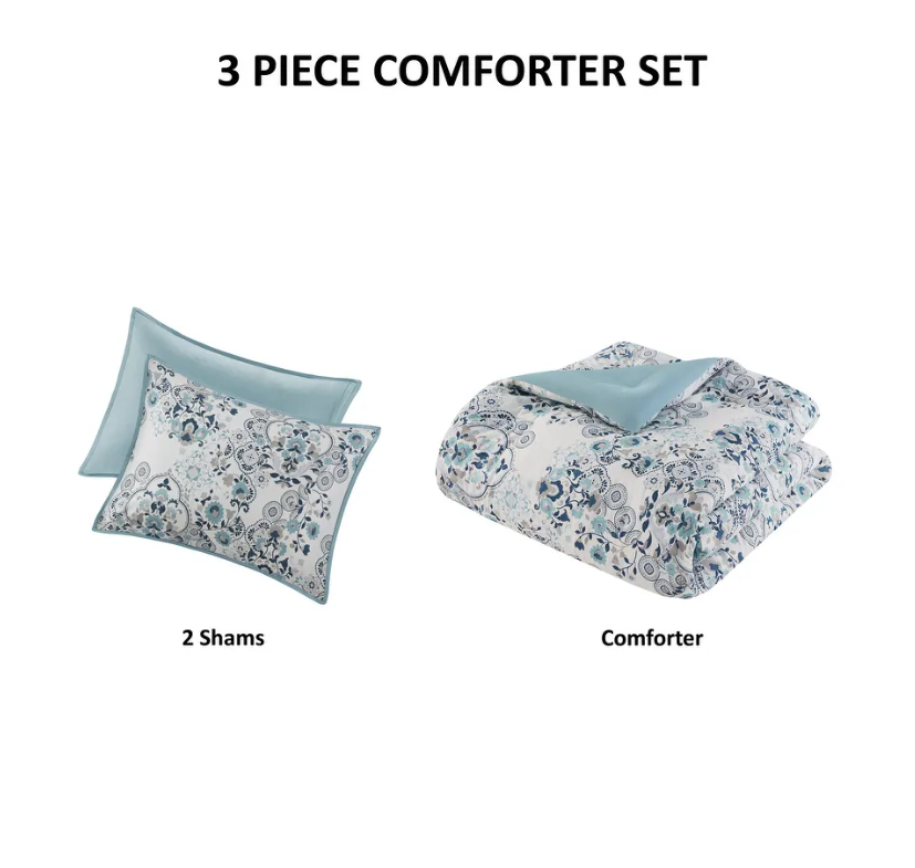 Brielle 3 Piece Floral Printed Cotton King Comforter Set
