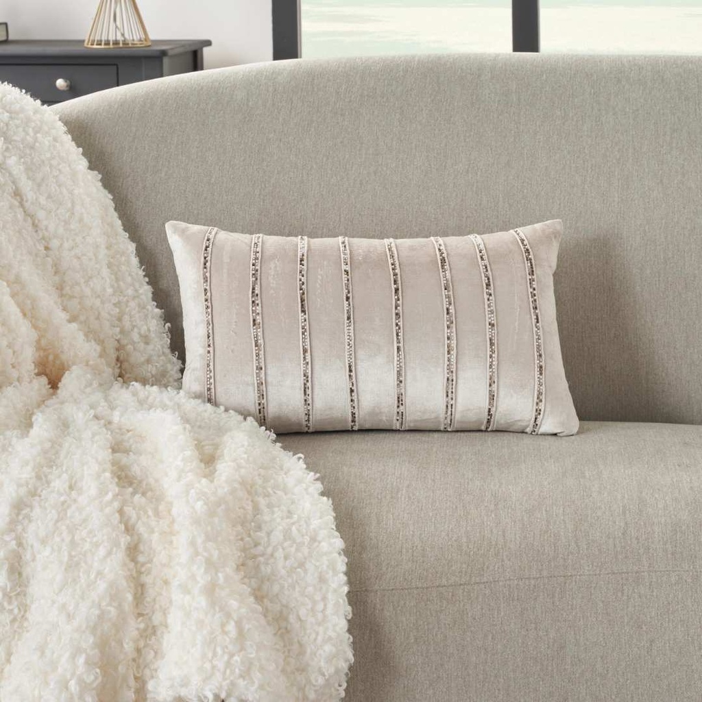 Beaded Stripe Velour Pillow Beige 12x21in