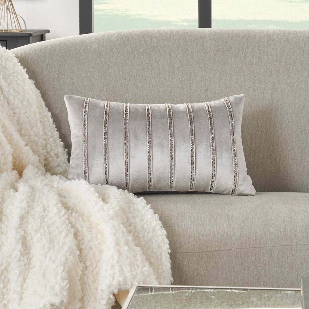 Beaded Stripe Velour Pillow Grey 12x21in