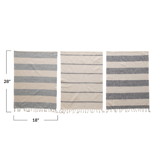 Cotton Striped Kitchen Towels With Fringe Blue & White 3pc