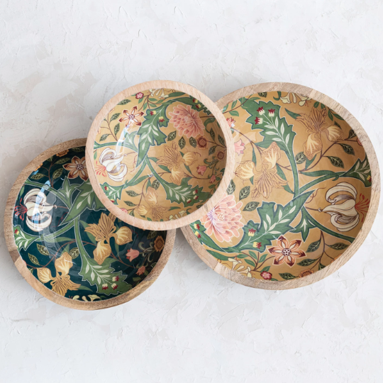 Floral Design Enamel Wood Bowls 