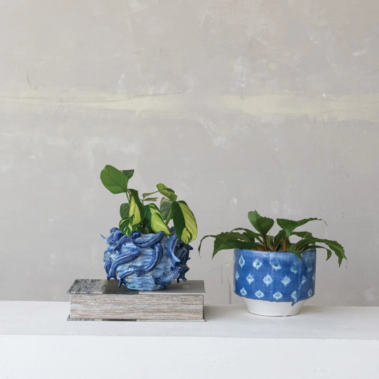 Patterned Stoneware Planter Blue & White 8.25in