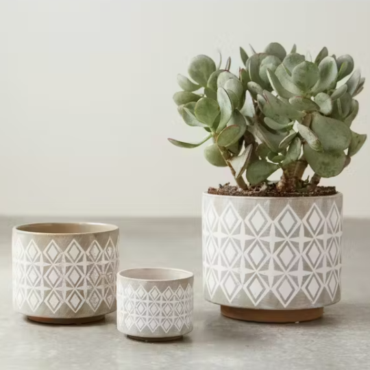Patterned Stoneware Planters Grey White 10in