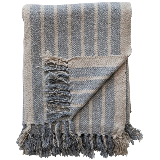 Striped Cotton Throw With Fringe Blue Natural 60x50in