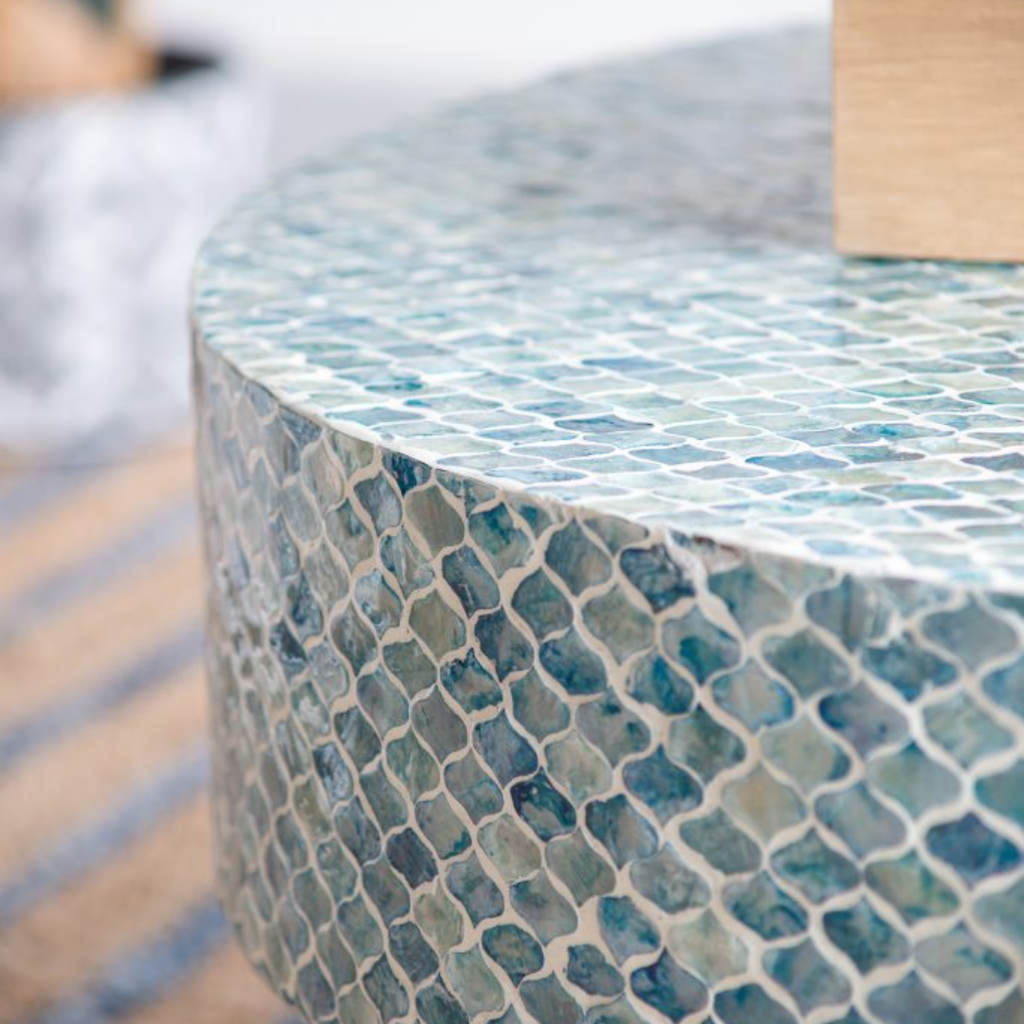 Hyperion Capiz Inlay Drum Coffee Table Turquoise 35x16in