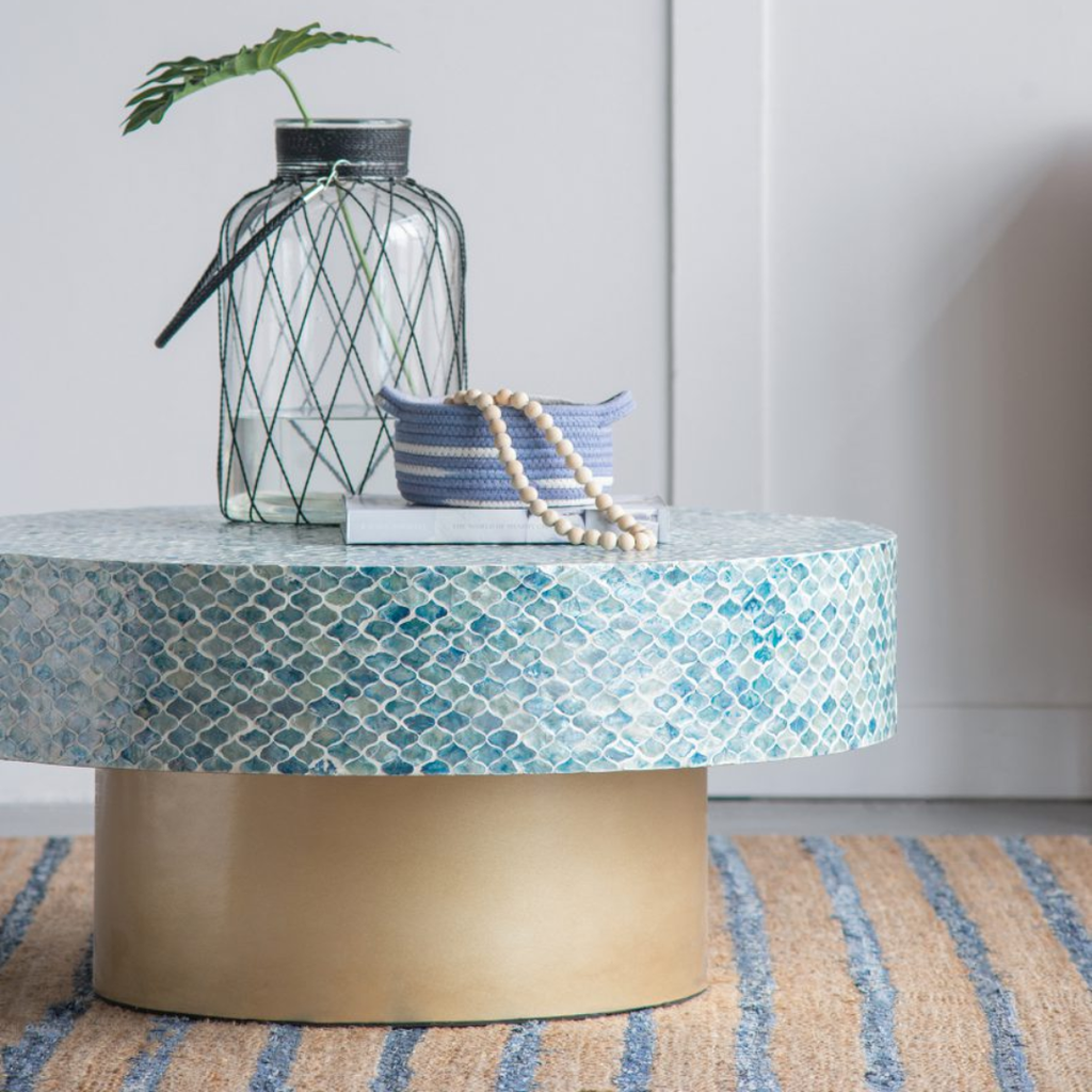 Hyperion Capiz Inlay Drum Coffee Table Turquoise 35x16in