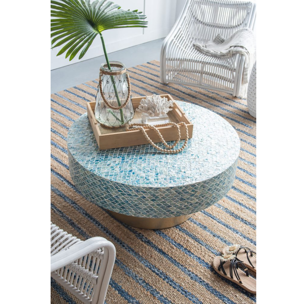Hyperion Capiz Inlay Drum Coffee Table Turquoise 35x16in