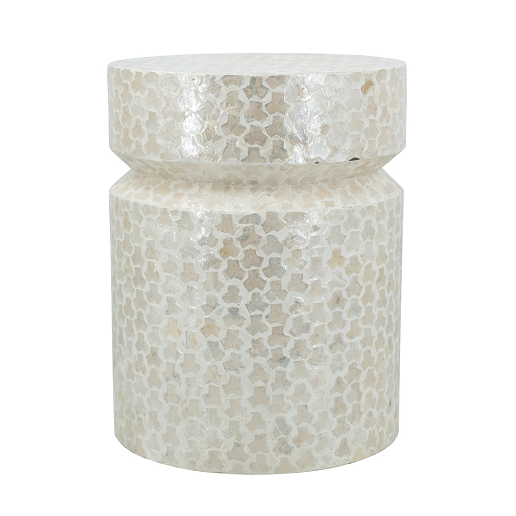 Round Accent Stool with Capiz Finish White 14inx18in