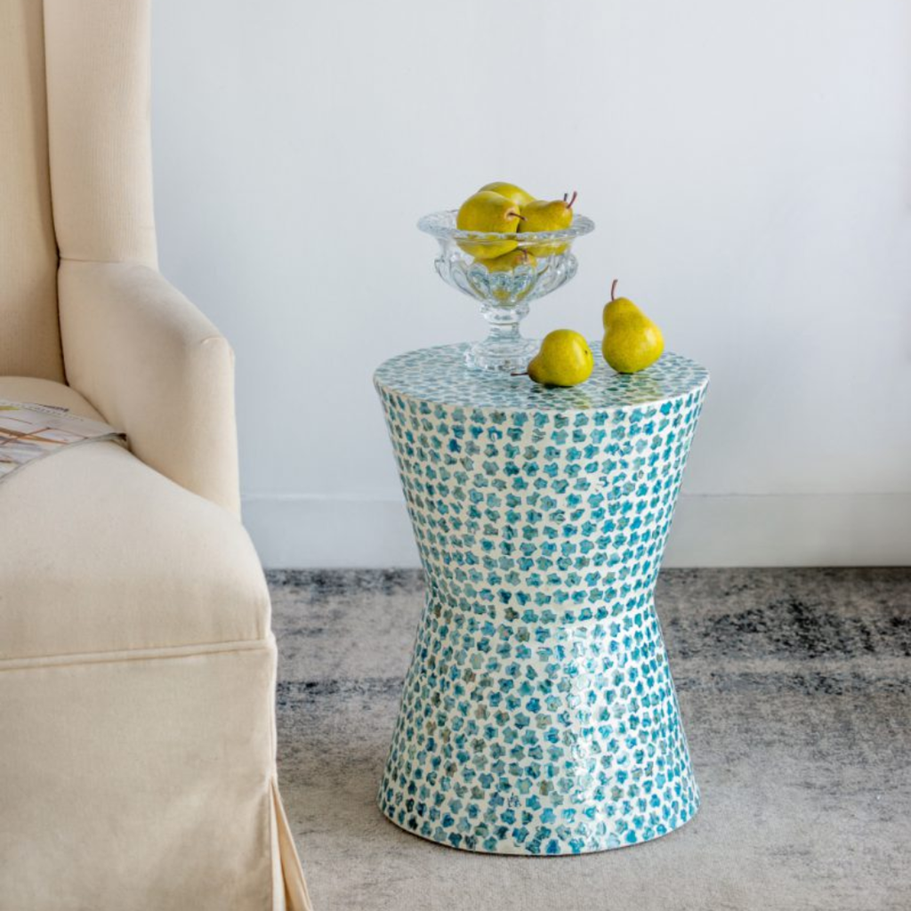 Round Capiz Inlay Accent Stool Blue 14x20in
