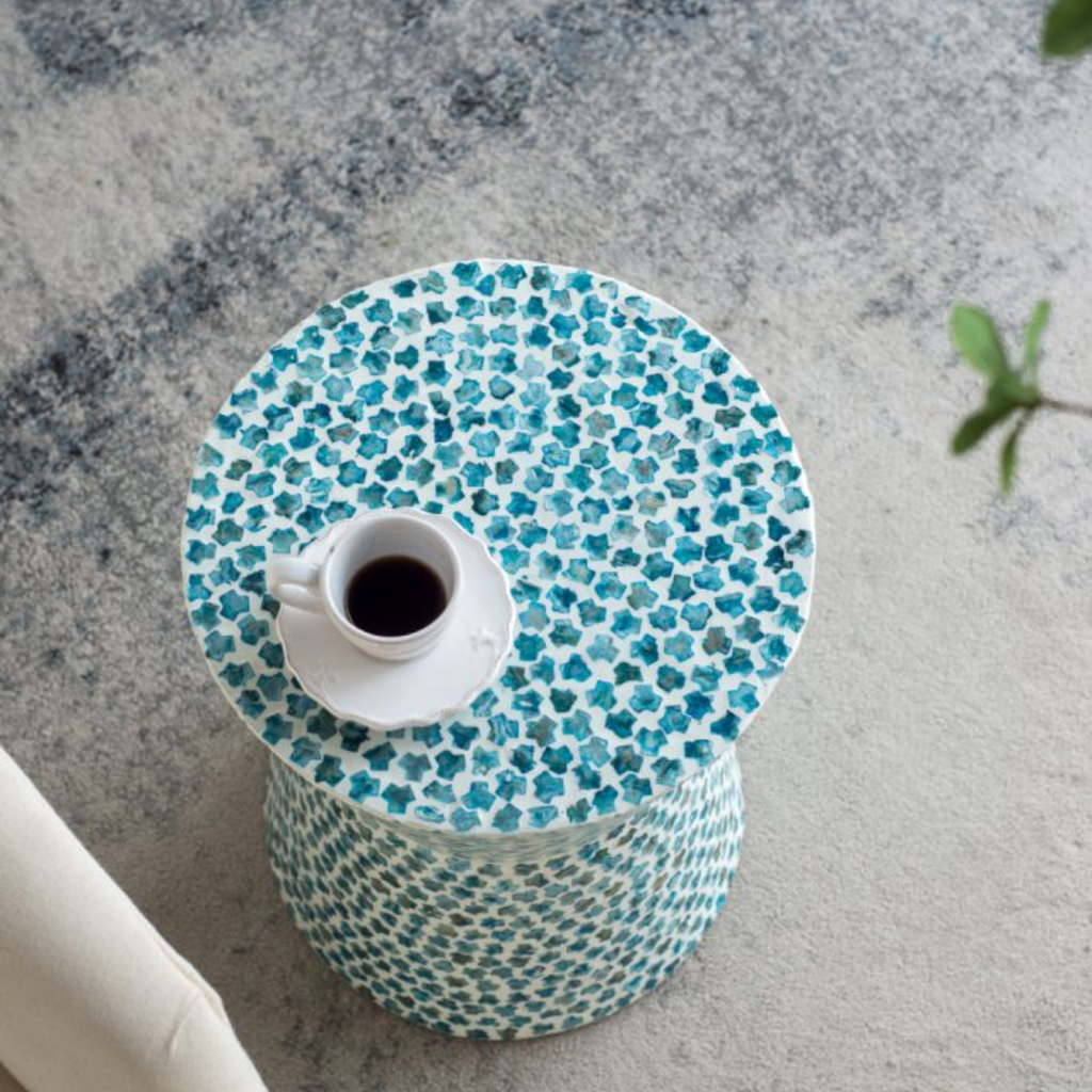 Round Capiz Inlay Accent Stool Blue 14x20in
