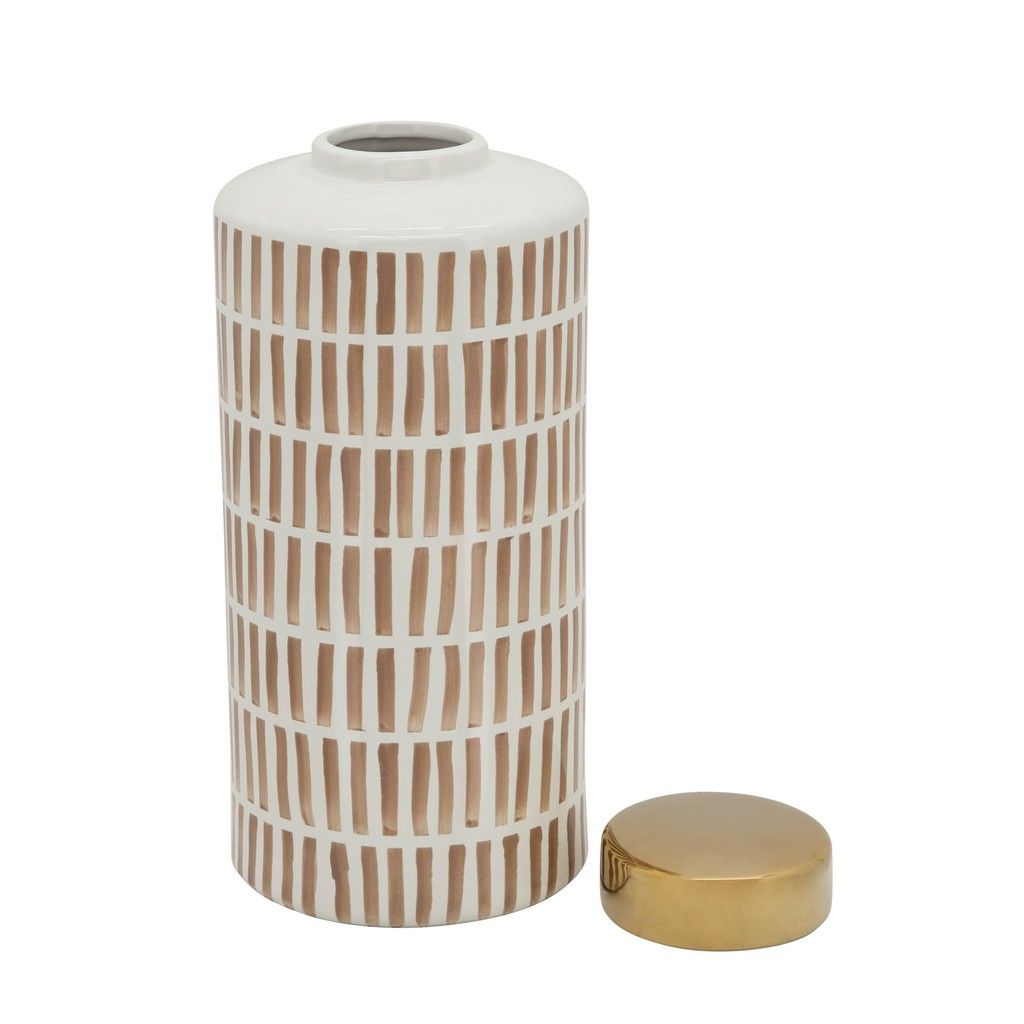 White Ceramic Jar with Gold Lid 13in
