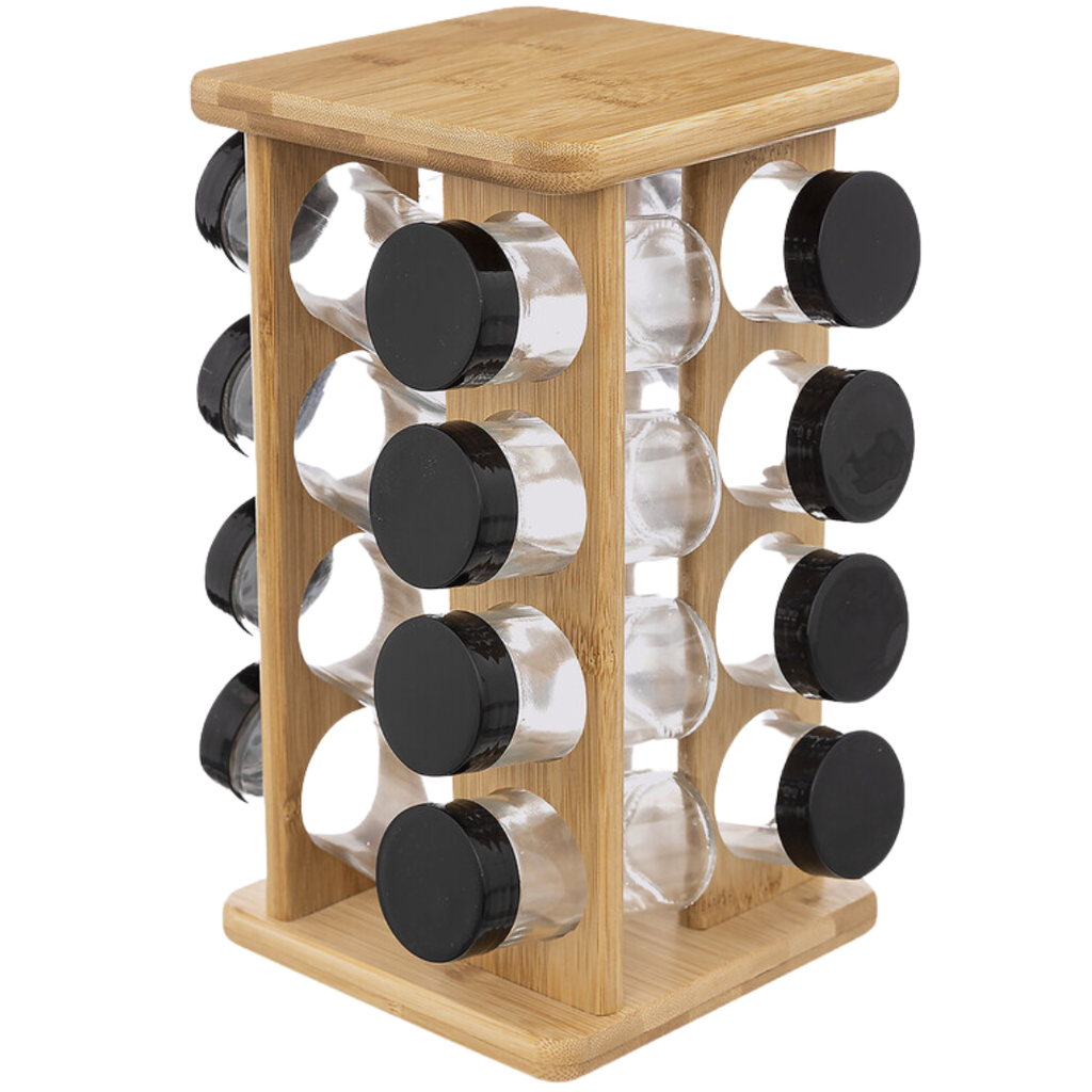 Glass Spice Jars and Bamboo Rack