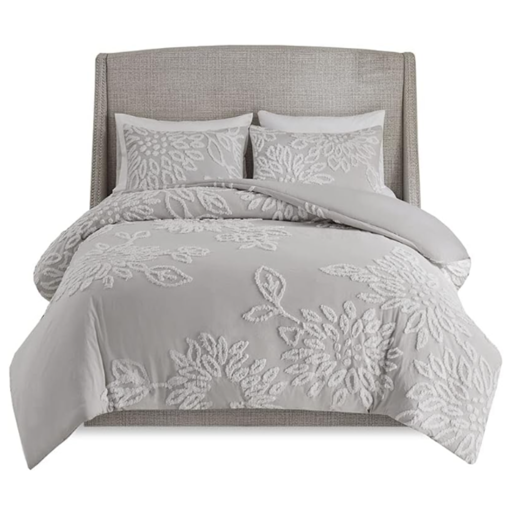 Veronica 3 Piece Tufted Cotton Chenille Floral Queen Comforter Set Grey
