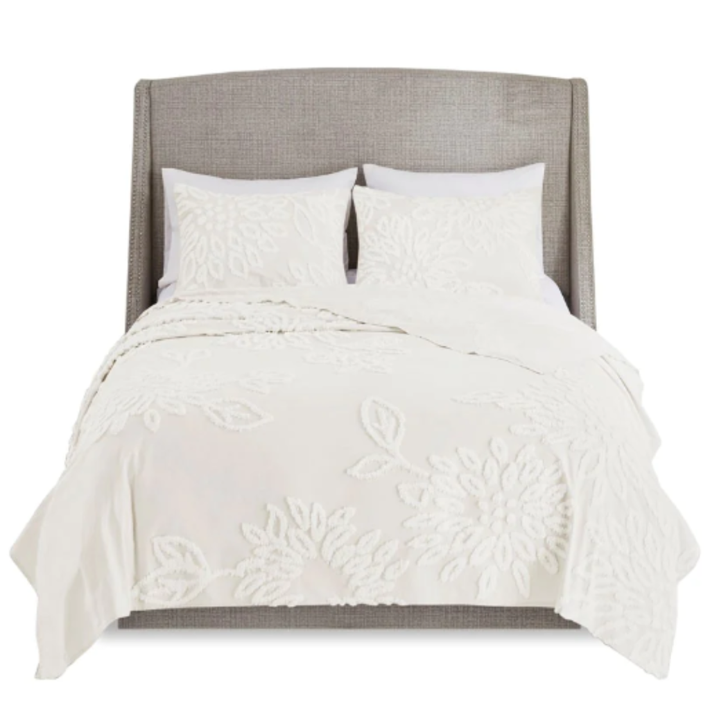 Veronica 3 Piece Tufted Cotton Chenille Floral Queen Comforter Set Off-White