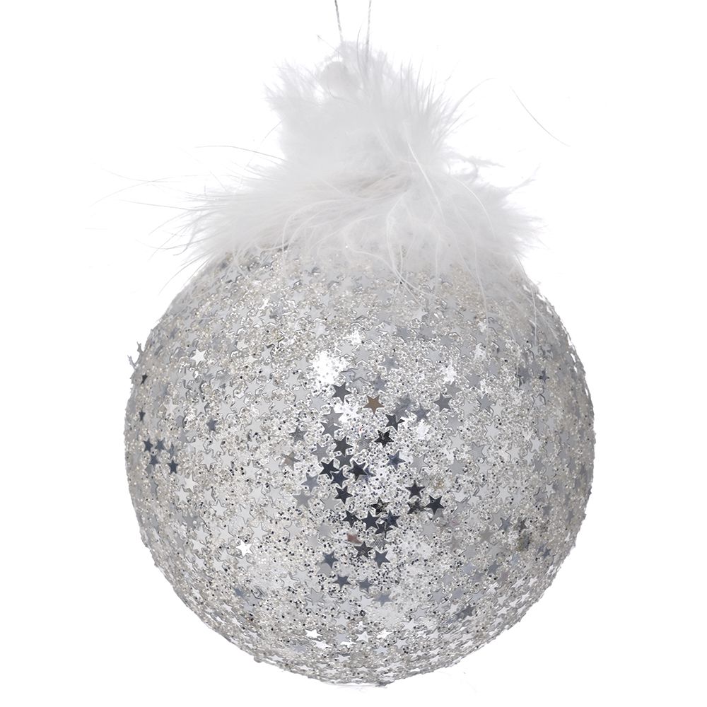 Silver Glass Ball Ornament with Feathers 4in