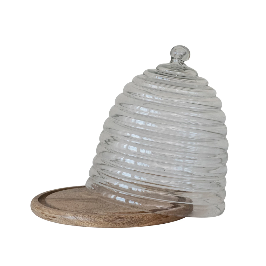 Beehive Shaped Glass Cloche With Wood Stand 11in