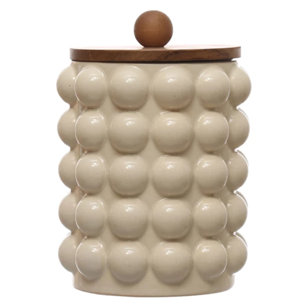 Hobnail Stoneware Canister With Wood Top 8.25in