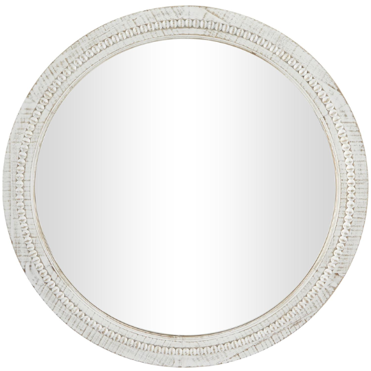 Carved Wood Wall Mirror With Whitewashed Beaded Frame 36in