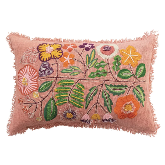 Flowers Embroidered Pillow 24x16in