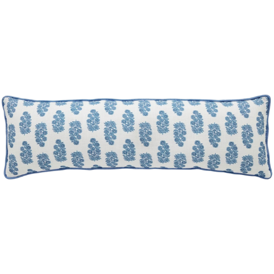 Blue Floral Cotton Chambray Pillow Long  35x11in
