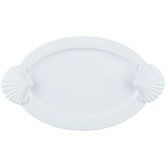 Milk Glazed Fan Shell Handle Platter  19.25x10.875in