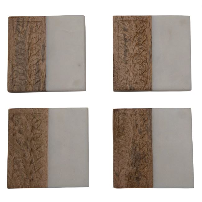 Marble and Hand-Carved Wood Coasters Set of 4