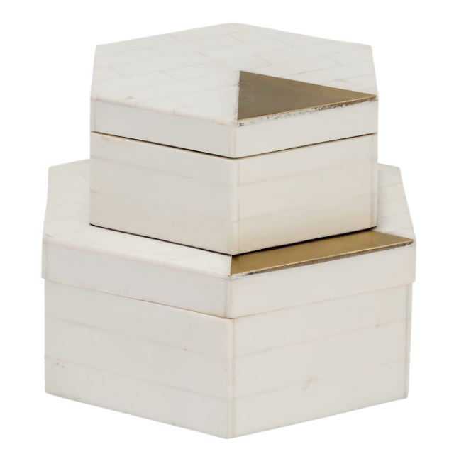 Resin Hexagon Box with Brass Inlay White Gold 7in