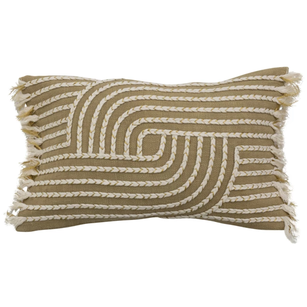 Embroidered Lumbar Pillow with Fringe 12x20in