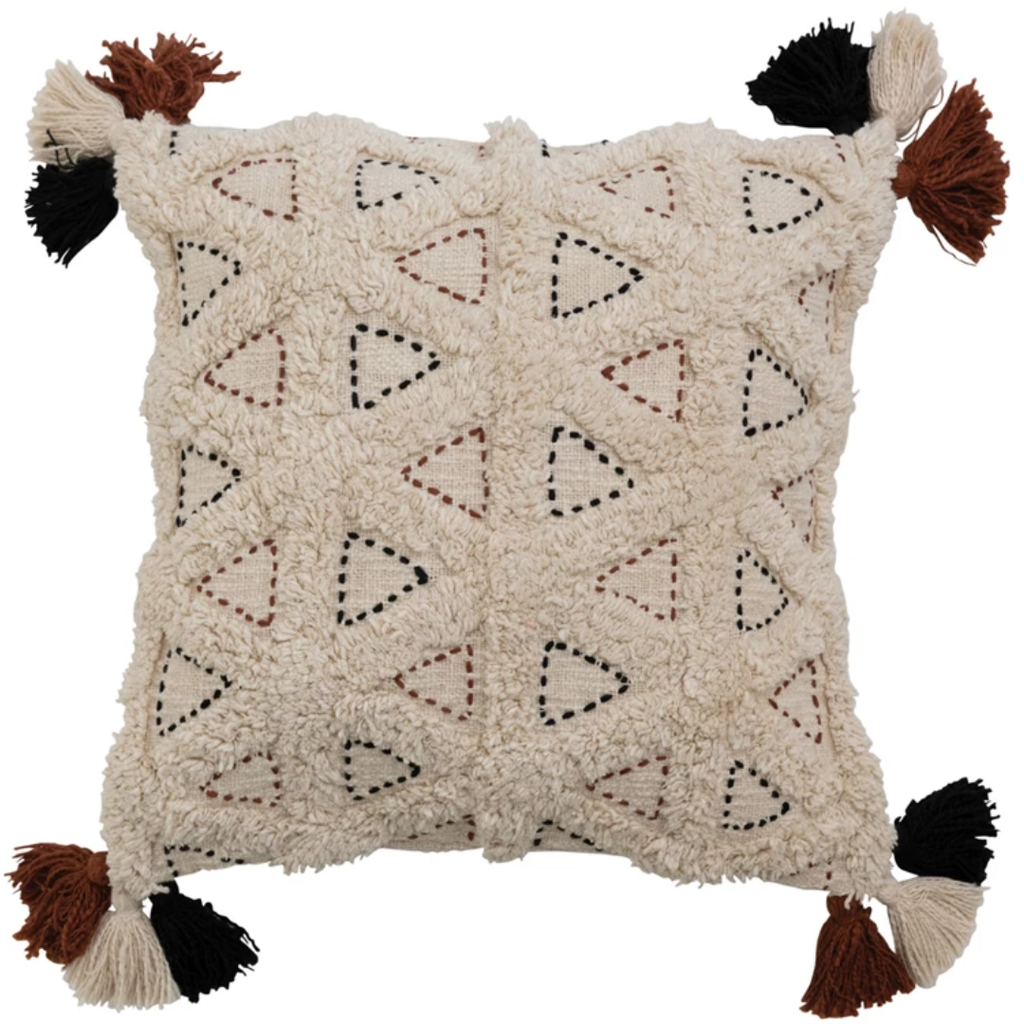 Kantha Stitch Pillow with Tassels 18in