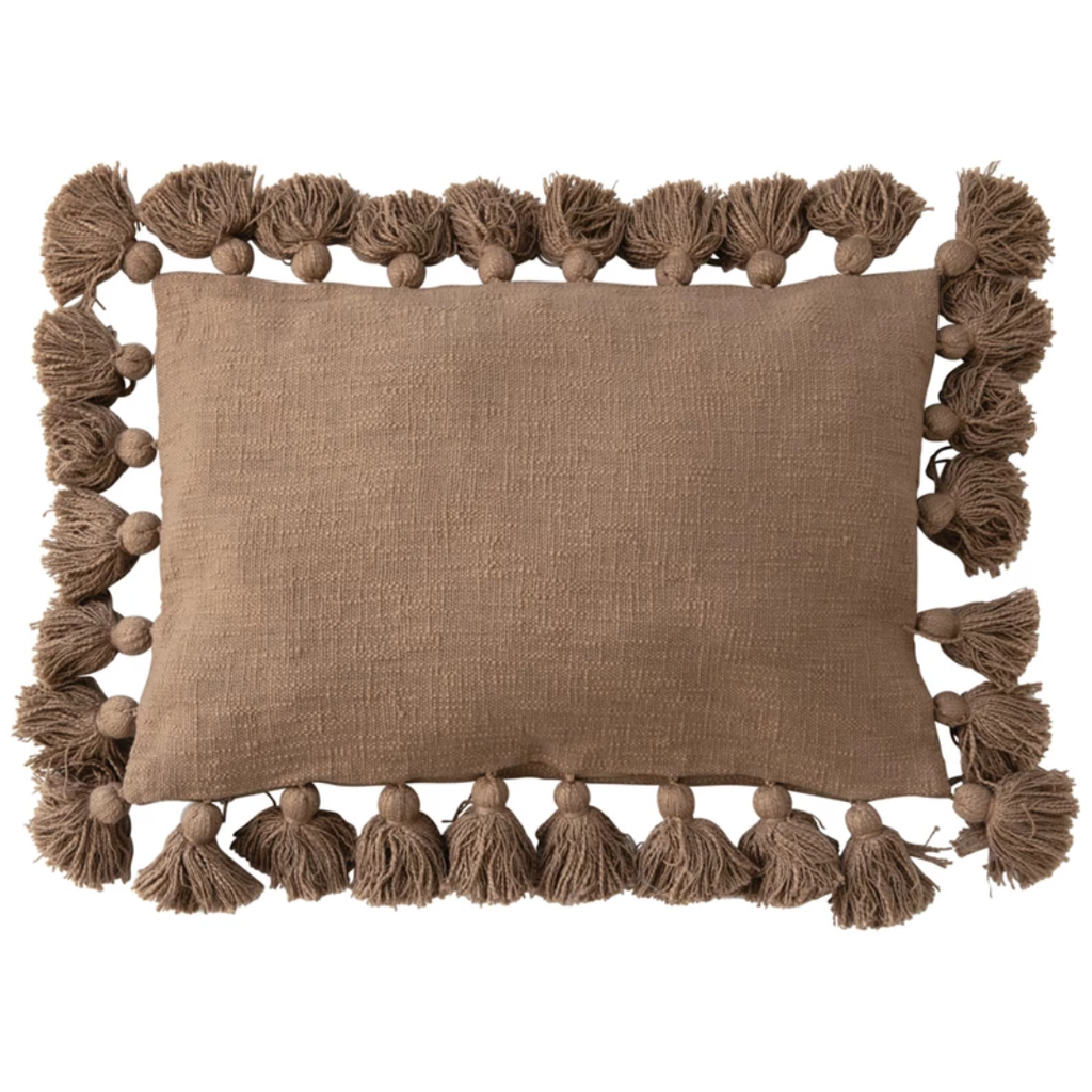 Brown Lumbar Pillow with Tassels 16x24in