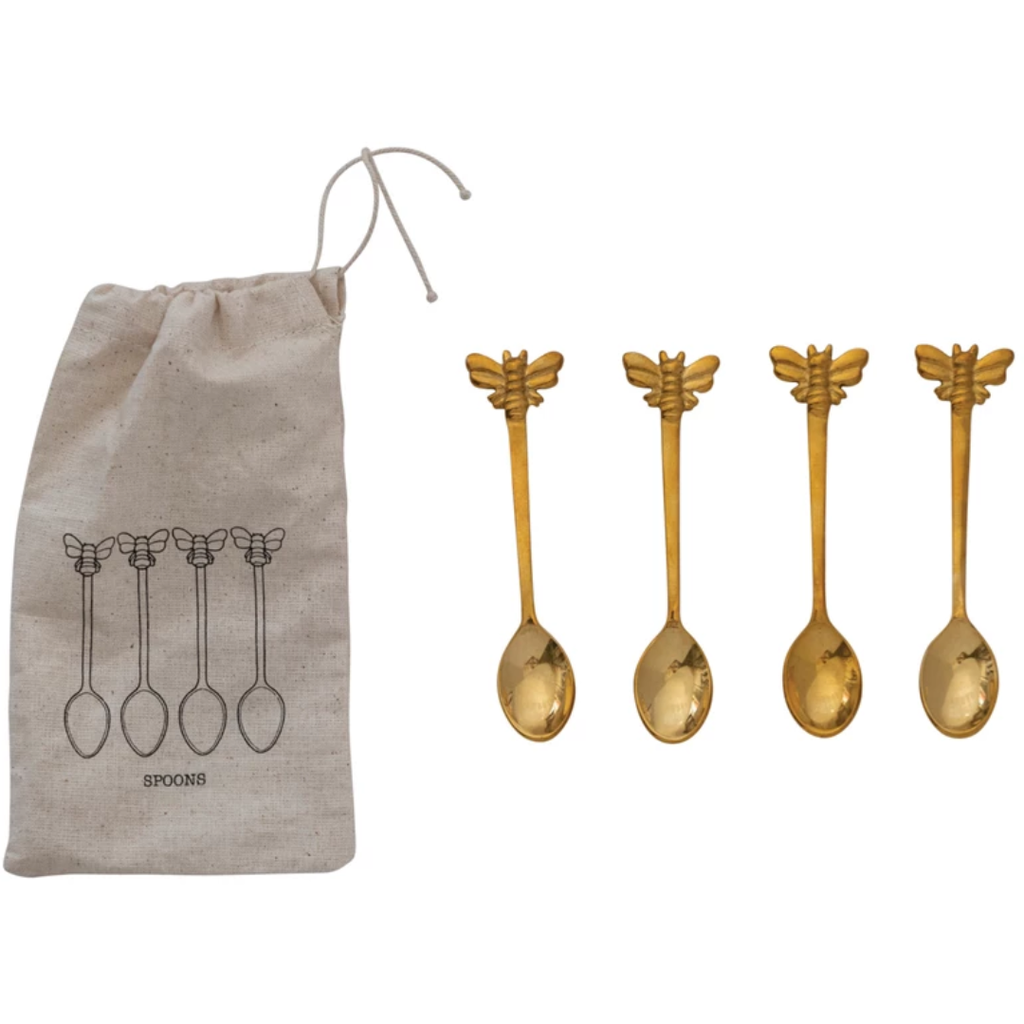 Brass Spoons w/ Bees, 4pc in Printed Drawstring Bag