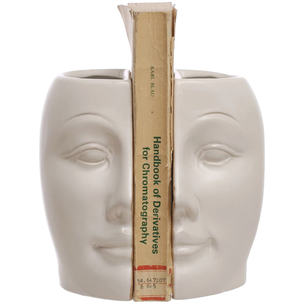 Sculpted Stoneware Face Vases/Bookends, Reactive Glaze, Set of 2