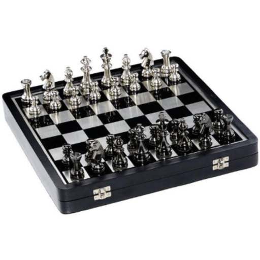 [170854-BB] Black Aluminum Chess Game Set w/ Storage 15x16in