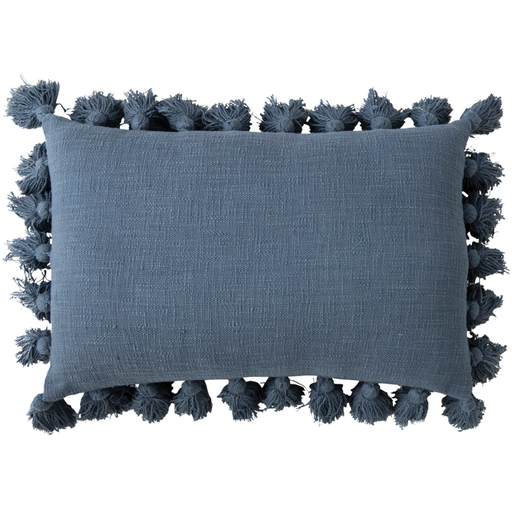 [172639-BB] Blue Cotton Slub Lumbar Pillow w/ Tassels 16x24in
