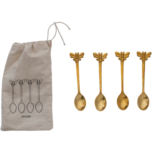 [172644-BB] Brass Spoons w/ Bees, Set of 4 in Printed Drawstring Bag