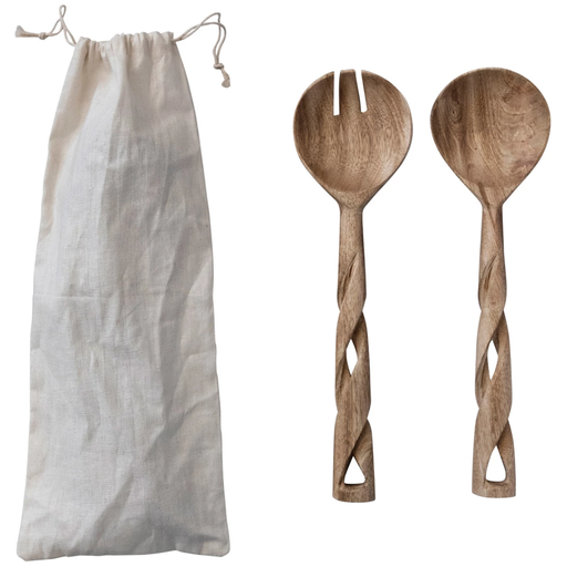 [172646-BB] Hand-Carved Mango Wood Salad Servers w/ Twisted Handles, Set of 2 in Printed Drawstring Bag