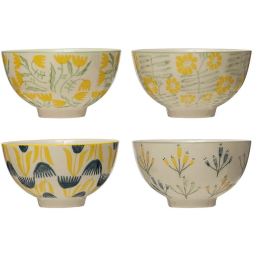 [172662-BB] Hand-Stamped Stoneware Bowl w/ Flowers Assorted