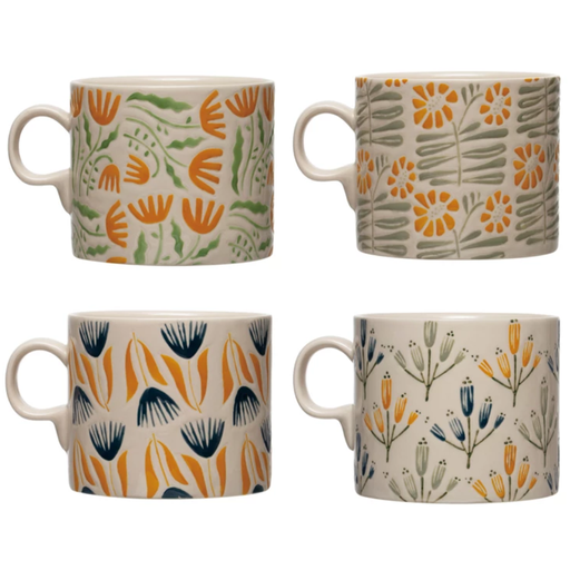 [172663-BB] Hand-Painted Stoneware Mug w/ Wax Relief Flowers, 4 Styles 18 oz.
