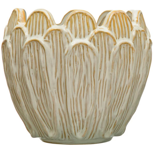 [172675-BB] Debossed Stoneware Flower Shaped Planter, Reactive Glaze, Cream 7.25"