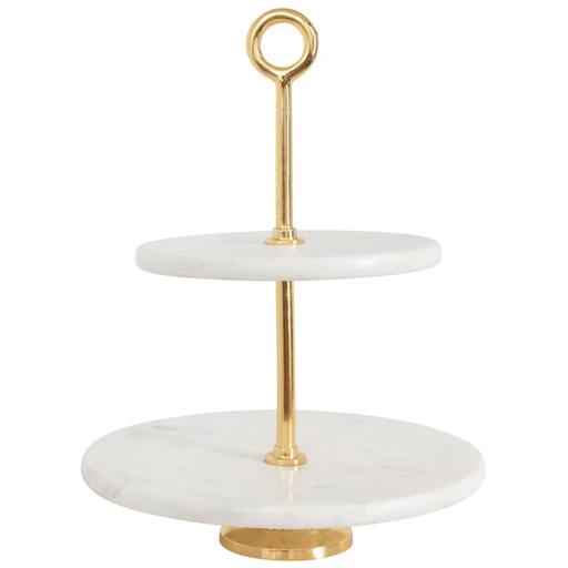 [172677-BB] Marble and Metal 2-Tiered Serving Tray with Handle