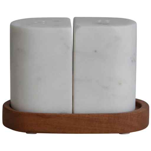[172679-BB] Marble Salt & Pepper Shakers w/ Acacia Wood Tray, White & Natural, Set of 3