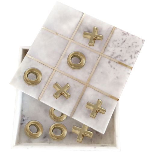 [172699-BB] Marble Tic-Tac-Toe Box with Brass Inlay White 12x12x2in