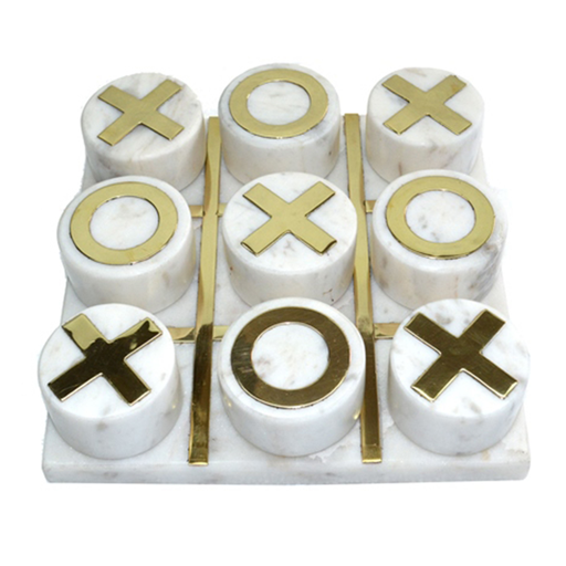 [173727-BB] White & Gold Marble Tic Tac Toe 7in