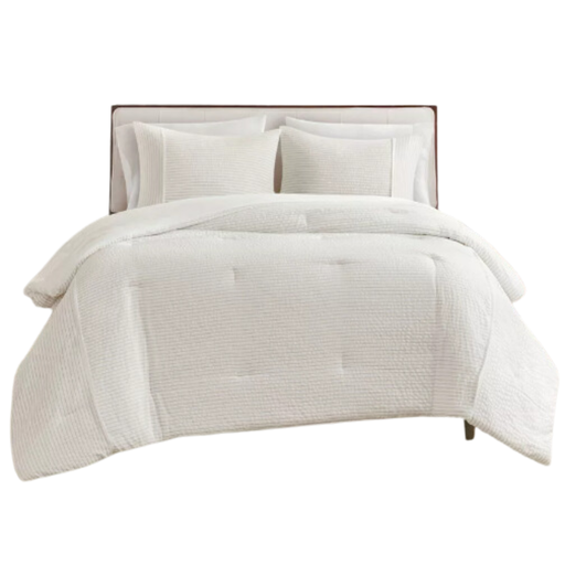 [174170-BB] Apollo Striped Seersucker Queen Comforter Set Ivory 3 pc